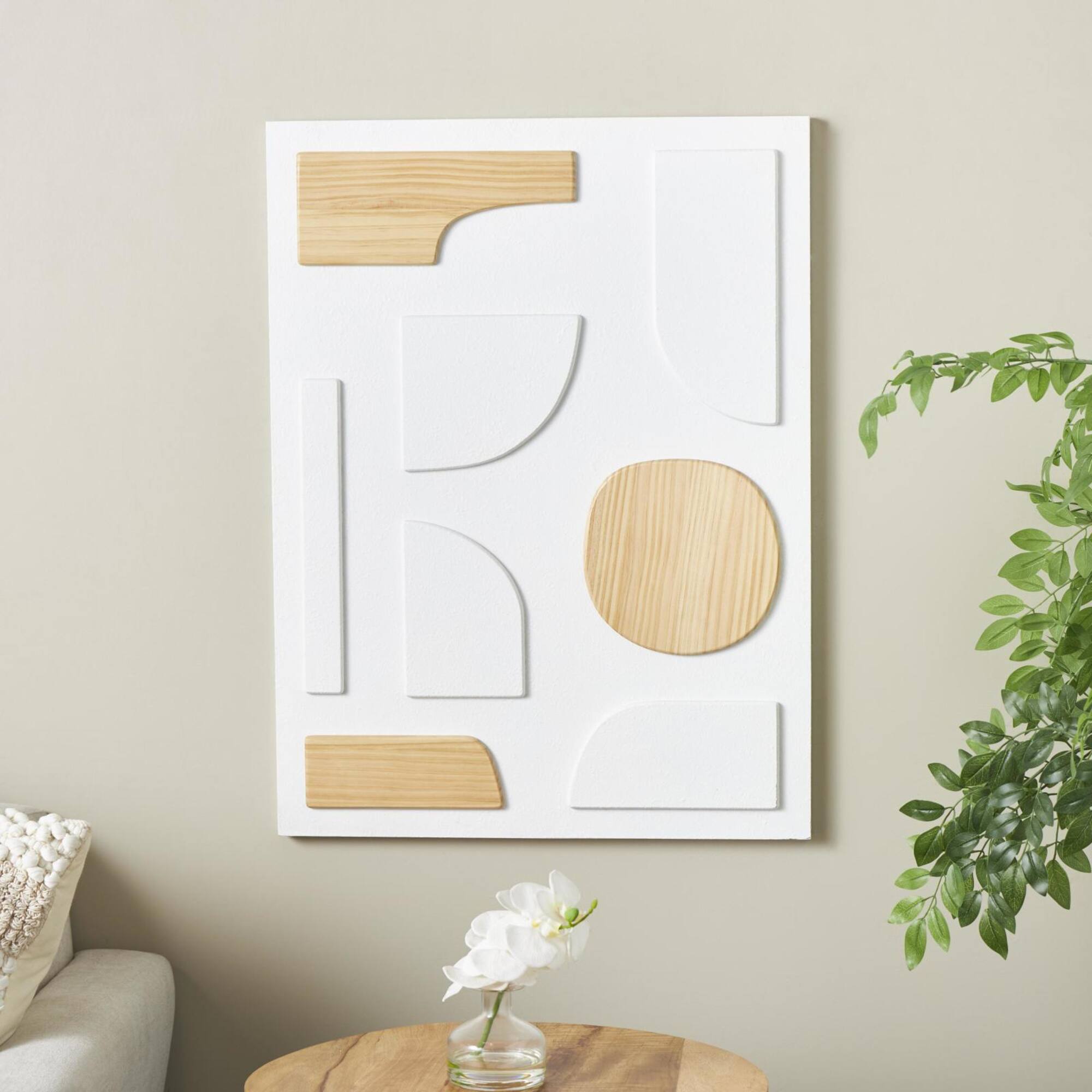 23.5" x 31.5" White Wood Geometric Dimensional Art Deco Shapes with Brown Accents Home Wall Décor